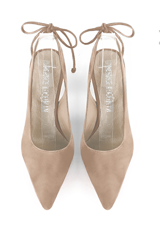 Tan beige women's slingback shoes. Pointed toe. High slim heel. Top view - Florence KOOIJMAN